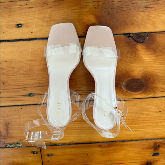 Bamboo Clear Block Sandals Chunky Heels Nude Accents - Picture 1 of 4